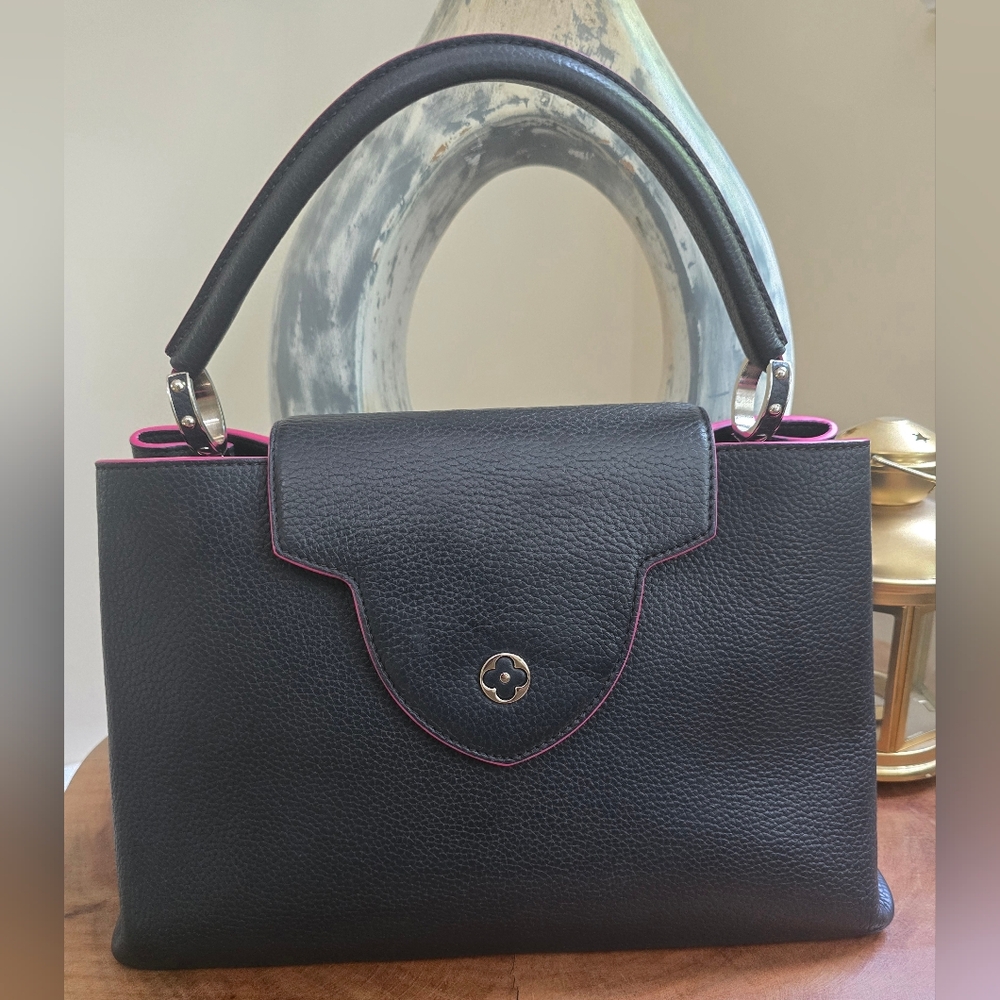 ✨️Louis Vuitton Capucines Taurillon Black Leather and Pink Trim Top Handle Bag - Picture 7 of 16